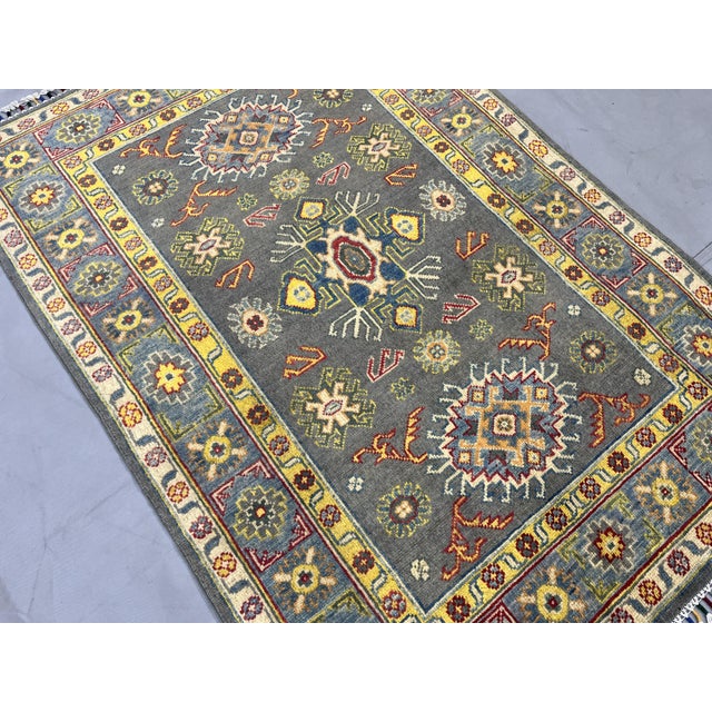 2000 - 2009 Gray Kazak Wool Rug With Colorful Tribal Motifs, 3'4" X 4'9" For Sale - Image 5 of 13