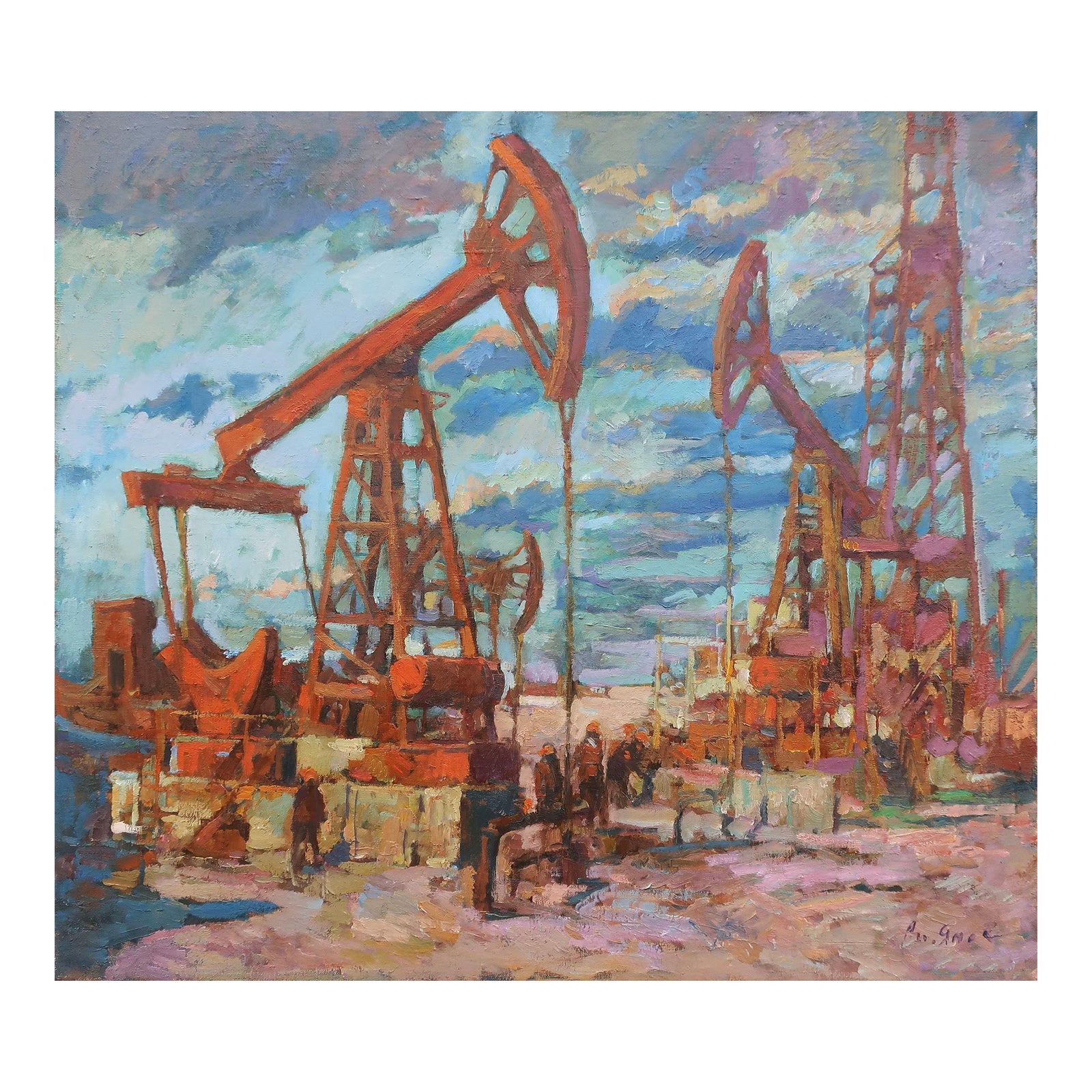 Vintage Oil Rig Painting, Socialist Realism Art, Artist Yanev | Chairish