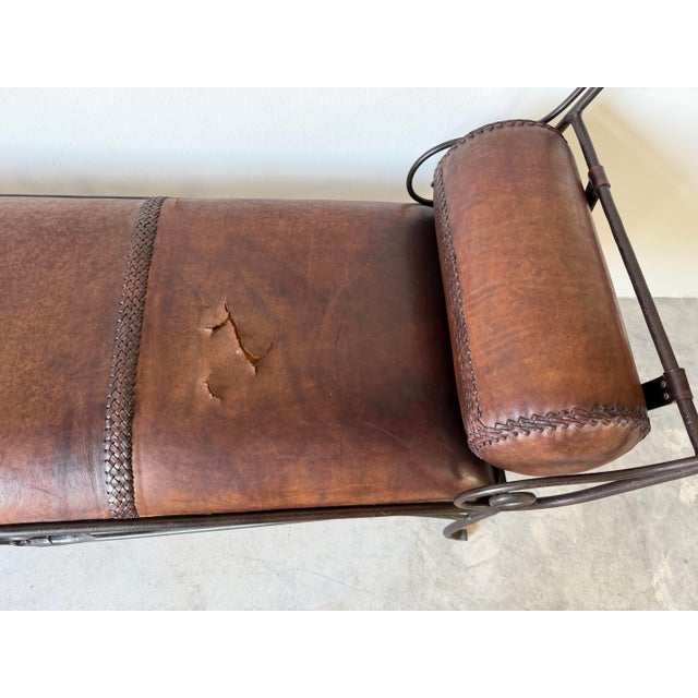 Vintage Rustic Wrought Iron & Leather Scroll Bench For Sale In Miami - Image 6 of 16
