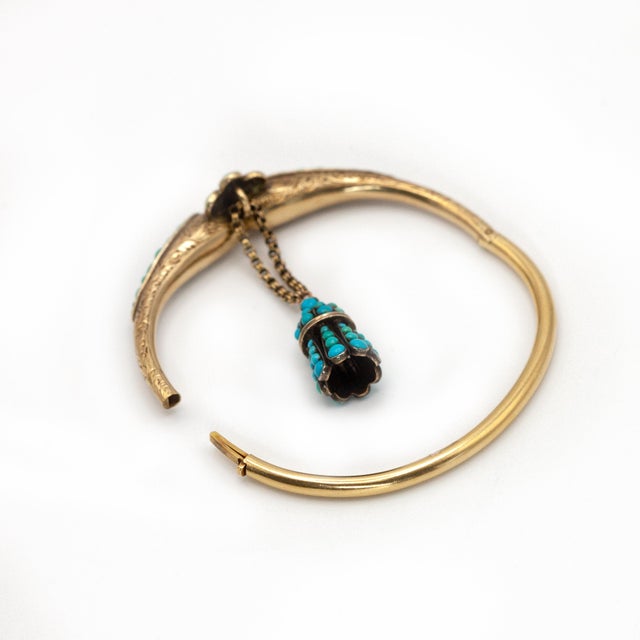 Late 19th Century Victorian 18k Yellow Gold Turquoise Charm Bangle For Sale - Image 4 of 10