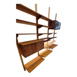 1960s Danish Scandinavia Wall Unit Teak Adjustable Shelfs 8 Feet Across For Sale