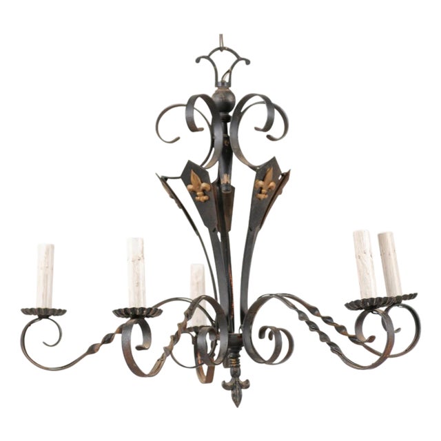 Vintage French 5-Light Iron Chandelier For Sale