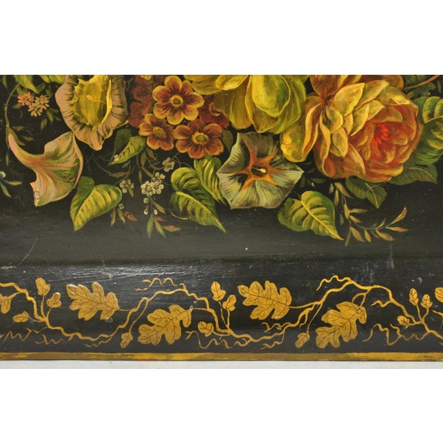 Metal Antique French Country Tole Metal Hand Painted Floral Large Serving Platter Tray For Sale - Image 7 of 15