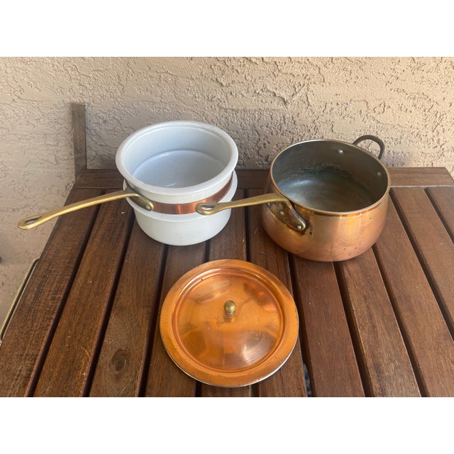 Farmhouse Copper Double Boiler Porcelain Insert, & Brass Handles For Sale - Image 4 of 7
