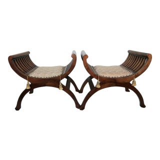 Pair of Antique Curule Seats or Benches - Handmade - New Gold Upholstery and Tassels For Sale
