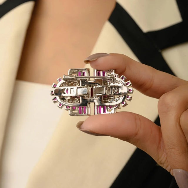Red Elegant Retro Design Boucheron Double Clip Cz Brooch Pin by Carat&her For Sale - Image 8 of 14