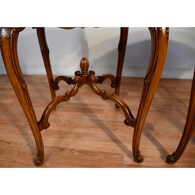 1930s French Louis XV Walnut & Satinwood Inlay Pair Side Tables / End Tables Tables For Sale - Image 10 of 14