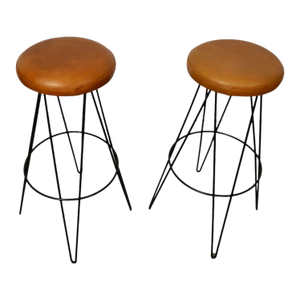 1950’s Mid-Century Modern Leather Hairpin Bar Stools - a Pair