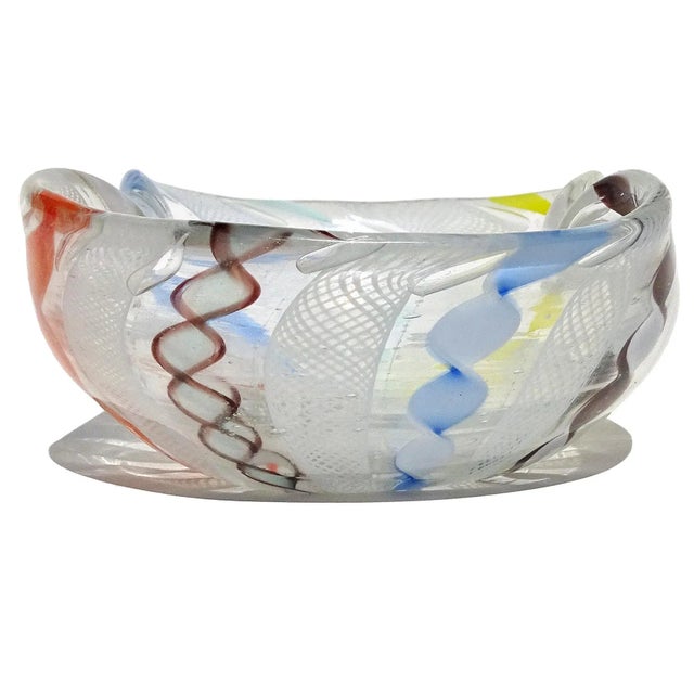 Blue Vintage Murano Rainbow Colors Twisting Zanfirico Latticino Ribbons Italian Art Glass Decorative Bowl Trinket Dish For Sale - Image 8 of 8