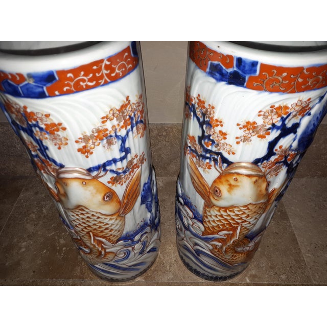 Arita Porcelain Vases with Carps Decoration, Japan, Set of 2 For Sale - Image 3 of 18