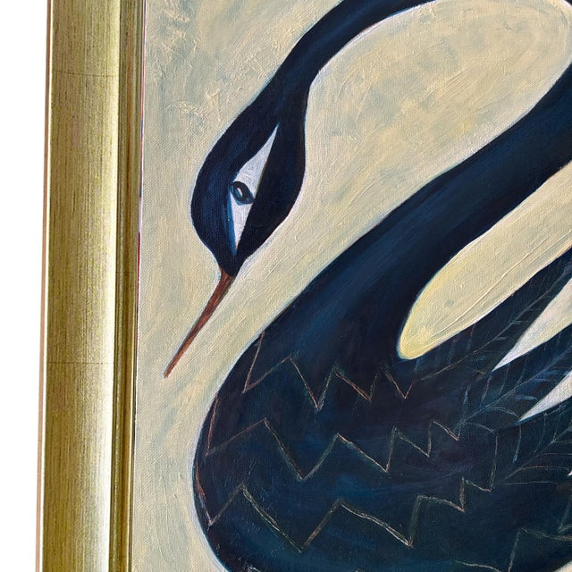 Art Deco Original Black Swan Painting No. 2 in Brushed Gold Frame, Oil on Canvas, 21" H X 17" W by Tatiana Duperault For Sale - Image 3 of 5