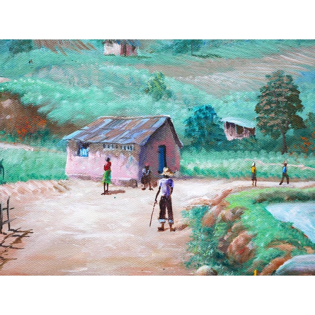 Jean-Felix Defournoy Modern Realist Green & Brown Toned Rural Village Landscape Painting w/ Figures, Late 20th Century For Sale - Image 10 of 12