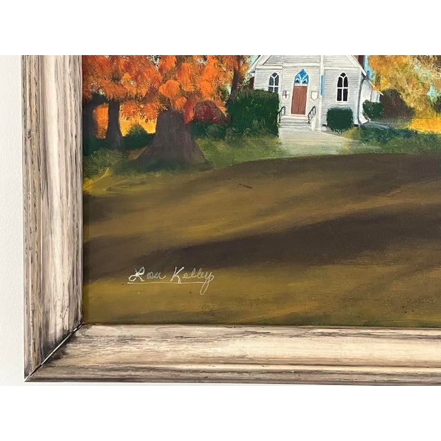 Artist: Lou Kelley Subject: Autumn Church Landscape Date: Circa 1960s–1970s Medium: Oil on canvas Description This warm...