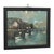 Vintage framed harbor painting depicting a coastal village with moored fishing boats, a lighthouse, and waterfront...