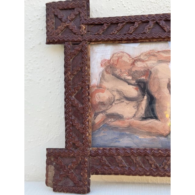 Newly Created Artwork by Erica Everage With Antique Wood Tramp Art Frame With Modern Erica Everage Art Drawing-Abstracted Figurative Conte on Paper For Sale - Image 4 of 12