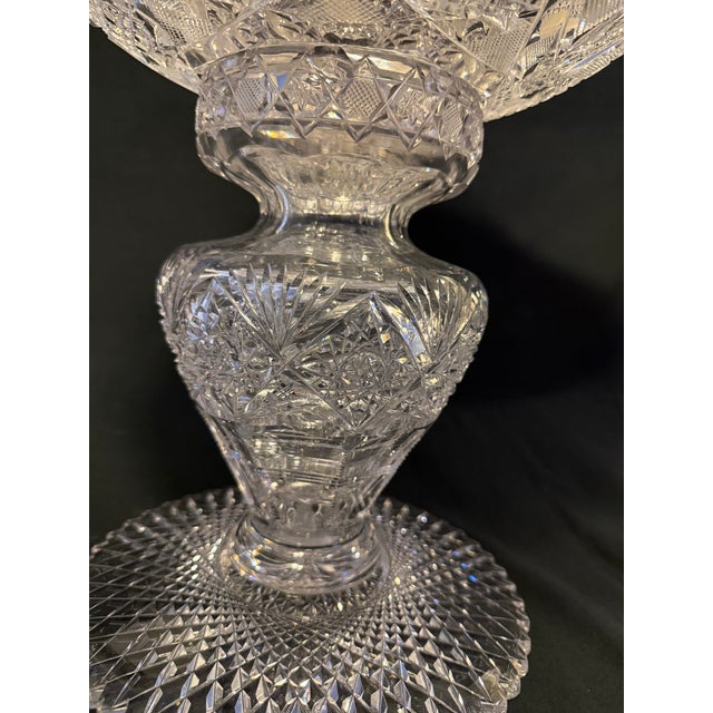 1900 - 1909 Rare Large Antique American Brilliant Period Cut Glass Pedestal Compote – 17” Tall, Deep Hobstar & Russian Pattern For Sale - Image 5 of 9