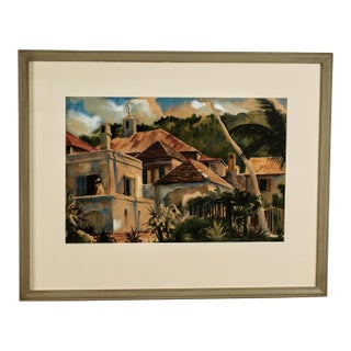 Tropical Watercolor Painting With Buildings by Avery Johnson For Sale