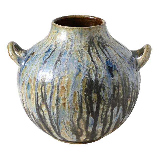 Blue Drip Glaze Stoneware Vase from Roger Guerin, 1930s For Sale
