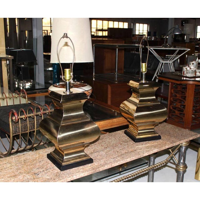 Late 20th Century Modern Figural Sculptural Profile Square Base Polished Brass Table Lamps - a Pair For Sale - Image 6 of 9