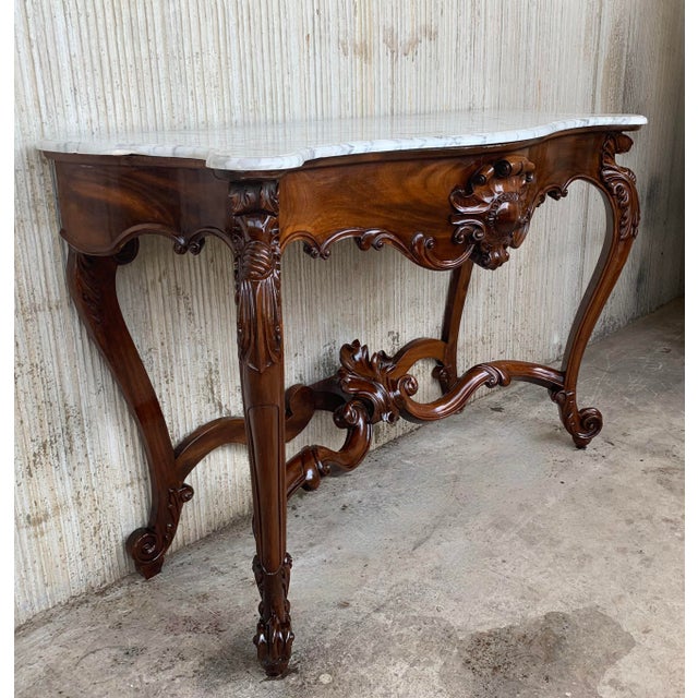 1900s French Regency Carved Walnut Console Table With White Marble Top For Sale - Image 4 of 13