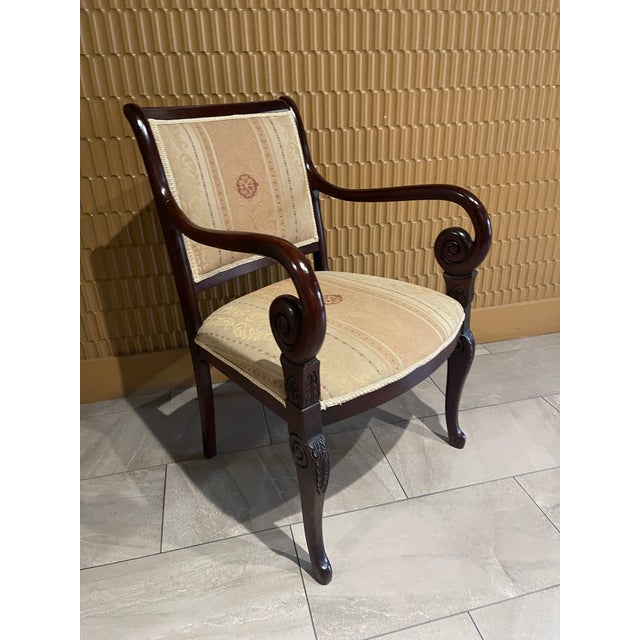 Late 20th Century Empire Revival Faiteuil Carved Mahogany & Brocade Armchair For Sale - Image 4 of 11