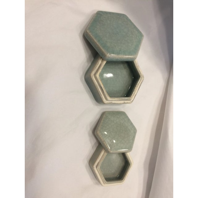 Transitional Maitland-Smith Celadon Hexagonal Boxes - a Pair For Sale - Image 3 of 4