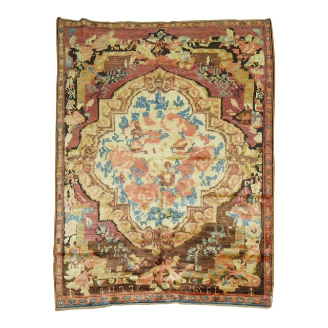 Muave Brown Handwoven Antique Armenian Floral Karabagh Rug Dated 1934 For Sale