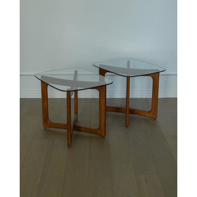 Really nice pair of Adrian Pearsall Walnut & Glass Top Ribbon Side Tables. Walnut frames have some small scattered...