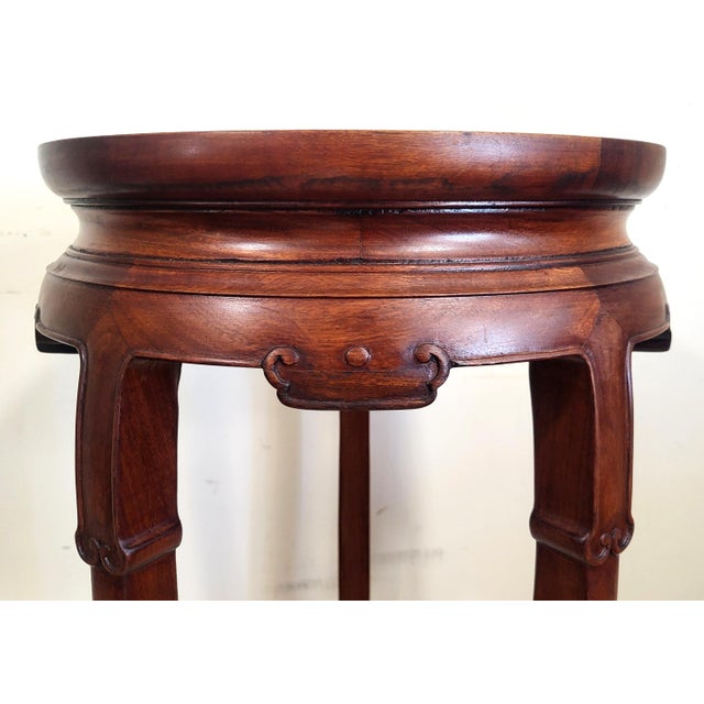 Pair Vintage Chinese Bamboo Carved Hardwood & Marble Top Plant Stand Pedestals For Sale - Image 15 of 18