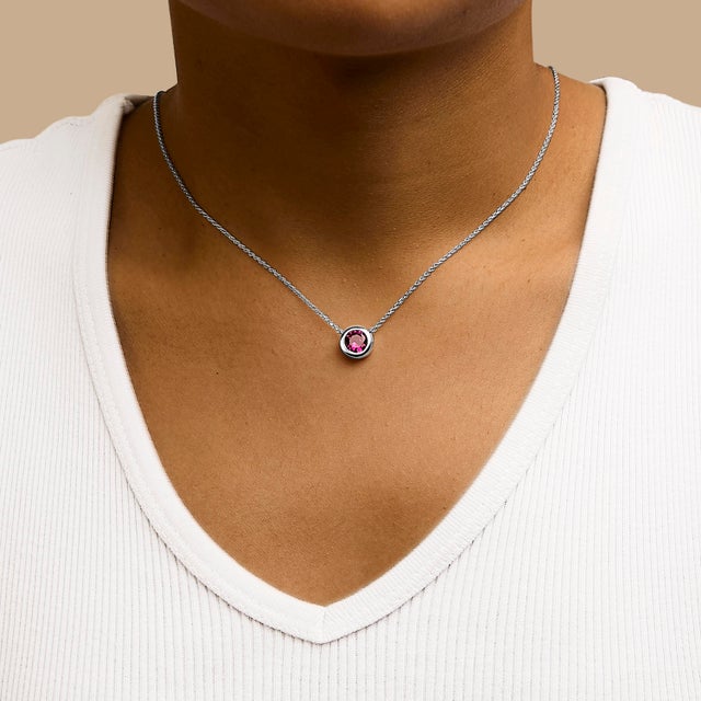 .925 Sterling Silver 7MM Bezel Set Created Red Ruby Pendant Necklace - 18" Inches For Sale - Image 4 of 5