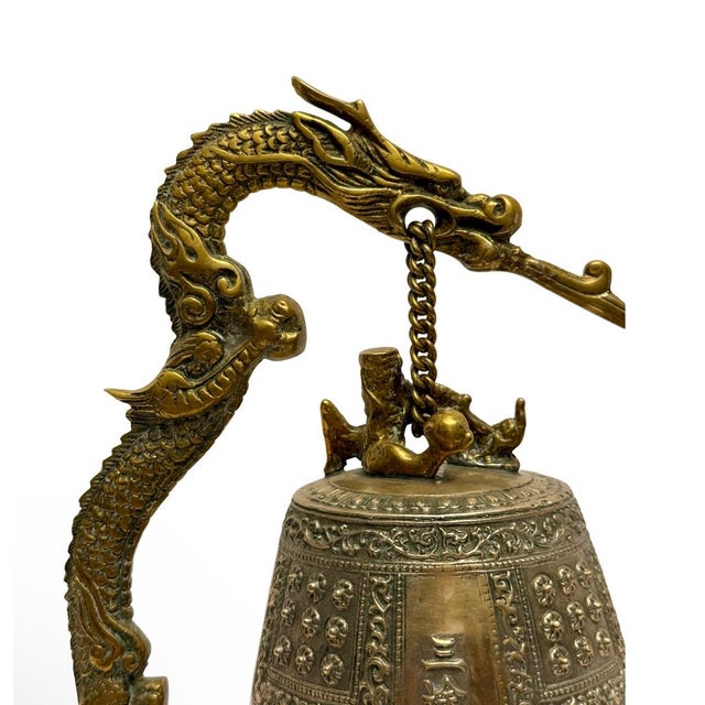 Vintage Asian Temple Dragon Bronze Bell on Stand Hammer Pendulum Rare. For Sale In Atlanta - Image 6 of 11