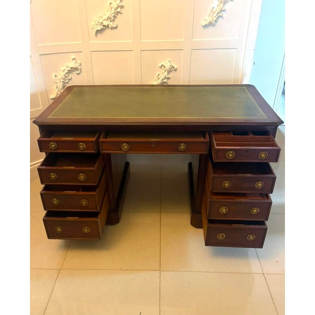 Antique Victorian Mahogany Freestanding Pedestal Kneehole Desk with Fitted Stationery Drawers and Writing Slides, 1850 For Sale - Image 4 of 18