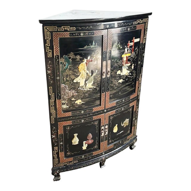 Chinese Black Lacquered and Hand Painted Demi Lune Cabinet For Sale