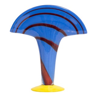 Post Modern Glass Fan Vase Blue Red Yellow Footed Base Unmarked For Sale