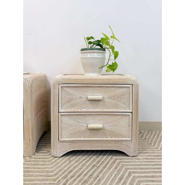 Pair of Vintage Pencil Reed Rattan Nightstand Coastal Hollywood Regency Tables For Sale In Tampa - Image 6 of 11