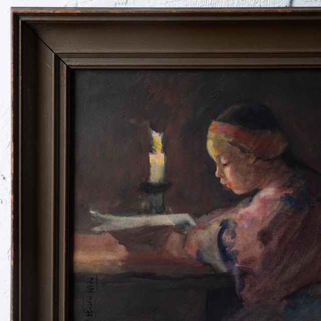 Helen Hyde - Girl Reading by Candlelight, Japanisme Watercolor, C.1900 For Sale - Image 4 of 8