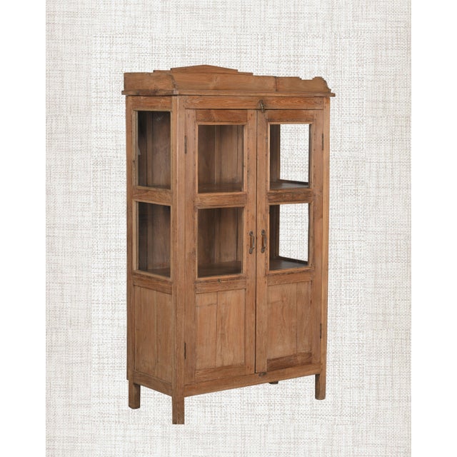 1930s Antique Indian Glass Cabinet | Vintage Carved Wood Armoire | Rustic Display Cabinet | Wabi Sabi Decor For Sale - Image 5 of 6