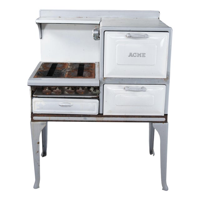 Antique Alcazar Range & Heater Co Acme Enameled Porcelain Gas Kitchen Stove For Sale