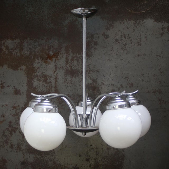 French Art Deco Nickel-Plated 5-Arm Chandelier with White Opaline Glass Globes For Sale - Image 10 of 11