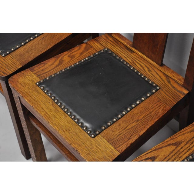 Wood Antique Mission Oak Arts & Crafts T-Back Limbert Style Dining Chairs - Set of 4 For Sale - Image 7 of 18