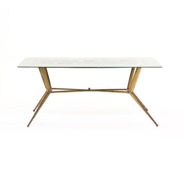 Mid-Century Modern Vintage Brass Coffee Table with Engraved Glass Top from Fontana Arte, 1950s For Sale - Image 3 of 11