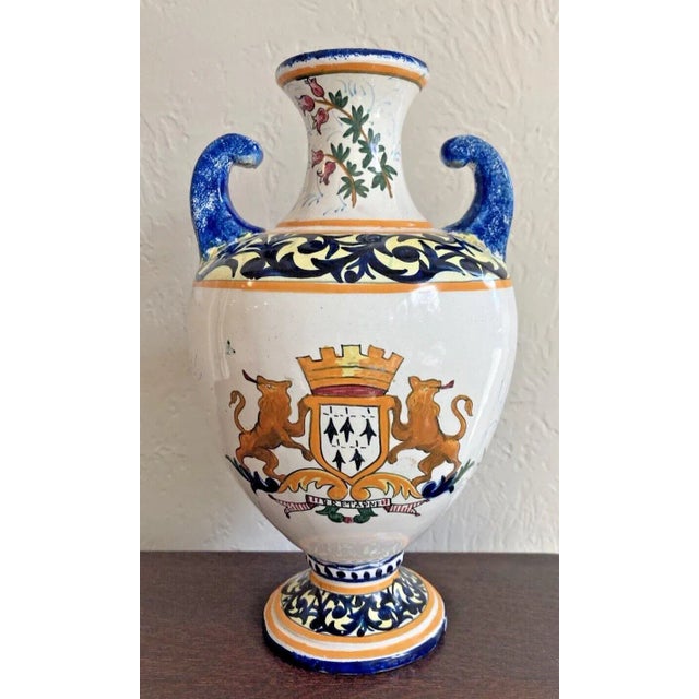 French Provincial Early Vintage French Henriot Quimper Urn Vase Decor Riche Border For Sale - Image 3 of 11