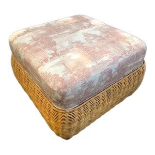 Woven Wicker Ottoman Chinoiserie Toile Upholstery For Sale