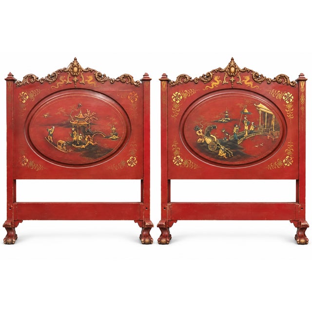 1930s Georgian Style Ball & Claw Red Chinoiserie Twin Bed Frames - Pair For Sale - Image 4 of 9