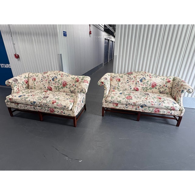 Late 20th Century Vintage Hickory Chair Chinese Chippendale Floral Upholsterered Camelback Sofas in Lee Jofa Fabric - A Pair For Sale - Image 5 of 12