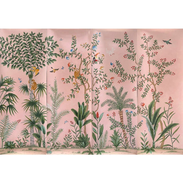 Hand-Painted Chinoiserie Botanical Mural Wallpaper on Pink Edo Xuan Paper, Set of 4 Panels For Sale