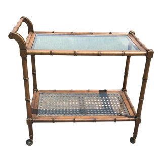 1970s Anglo-Indian Faux Bamboo Two-Tier Wooden Bar Cart For Sale