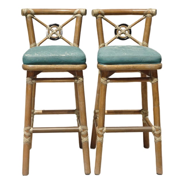 Pair Vintage McGuire Target Back Bamboo Barstools W Leather Straps & Brass Footrests For Sale