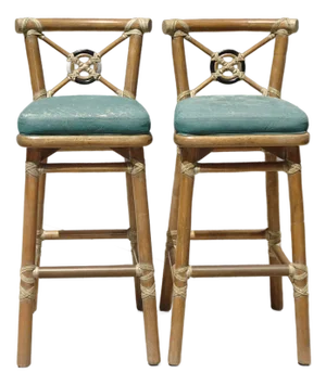 Pair Vintage McGuire Target Back Bamboo Barstools W Leather Straps & Brass Footrests