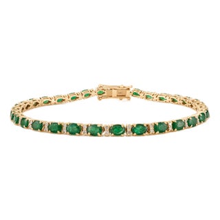 4.1 Carat Natural Zambian Emerald & Diamond Tennis Bracelet in 14k Yellow Gold For Sale